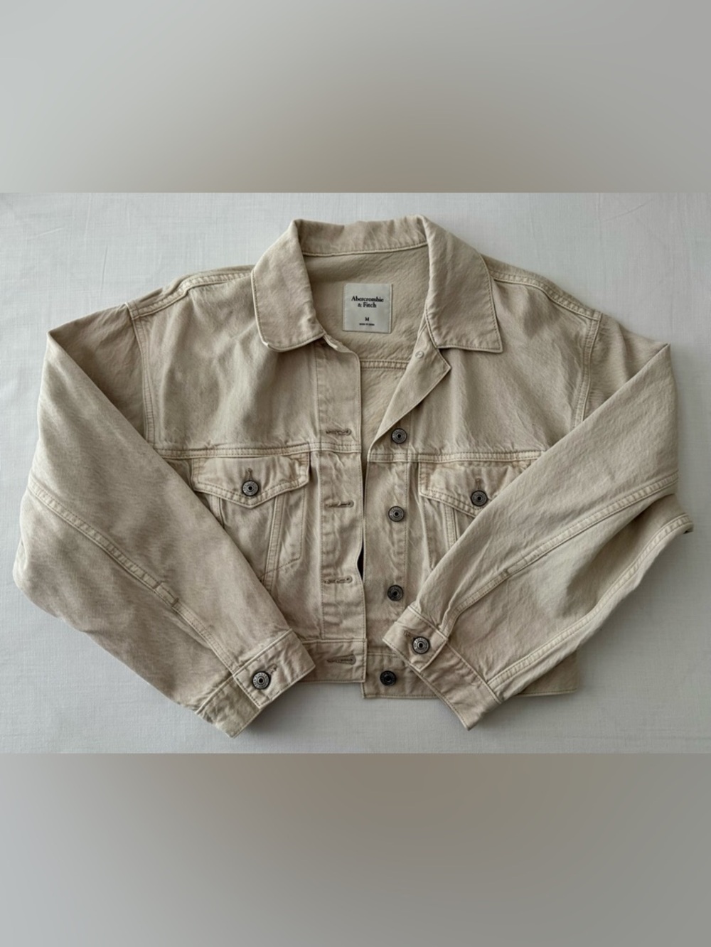 Abercrombie & Fitch Cream Beige Cropped Denim Jacket